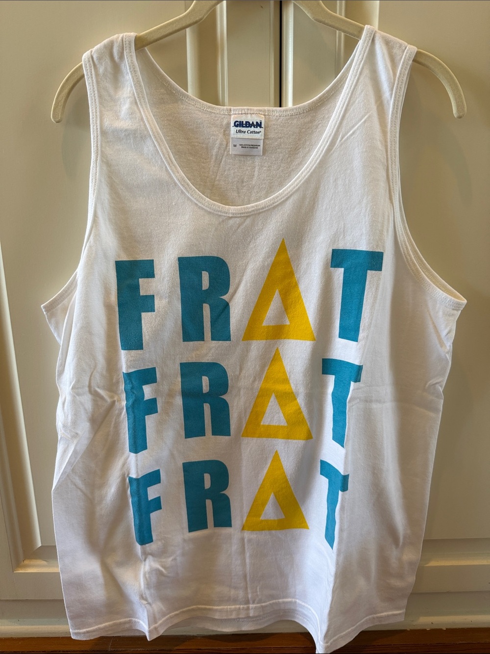 Tri Delta sorority White Tank with Teal and Yellow Frat Print